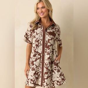 Right Where I Belong Brown Multi Floral Print Mini Shirt Dress